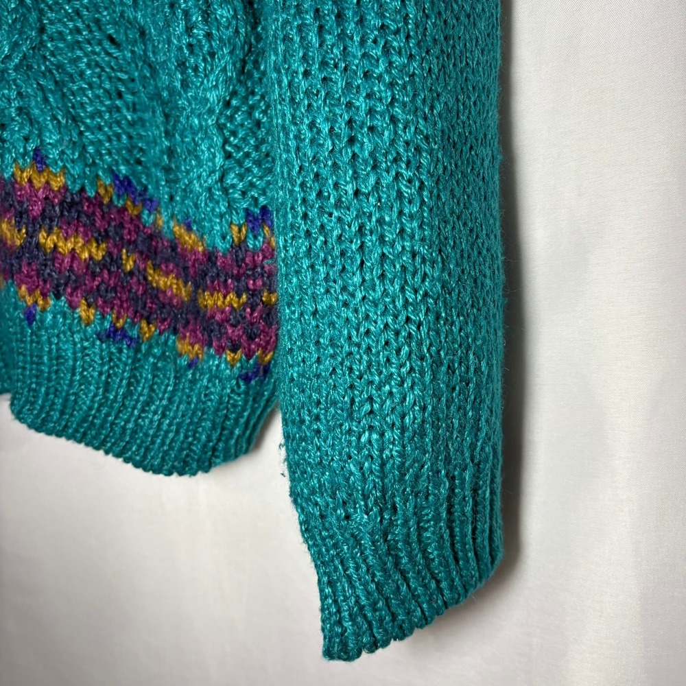 Vintage Jamie Scott Hand Knit Teal Fair Isle Sweater Mock Neck Heavy Ramie Large - Picture 6 of 9